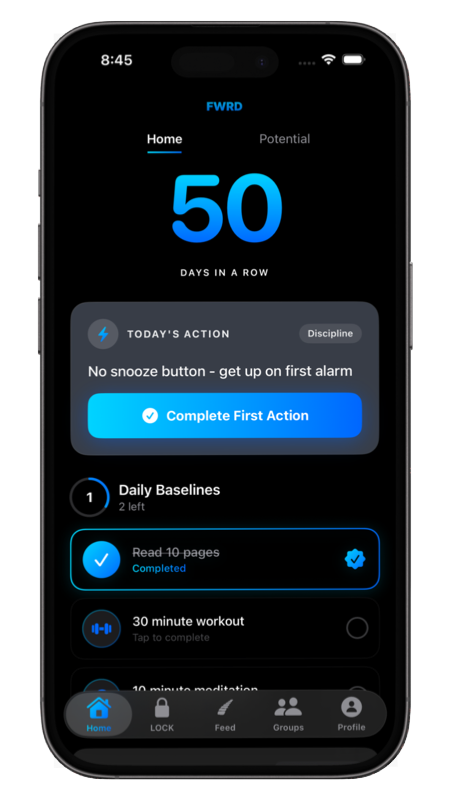 FWRD app preview (dark mode)